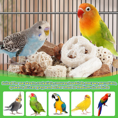 🌿 Natural Interactive Bird Toy Set 🦜Keep your Conure entertained! Crafted with natural bamboo, loofah, and rattan balls—perfect for safe chewing and shredding. ✨