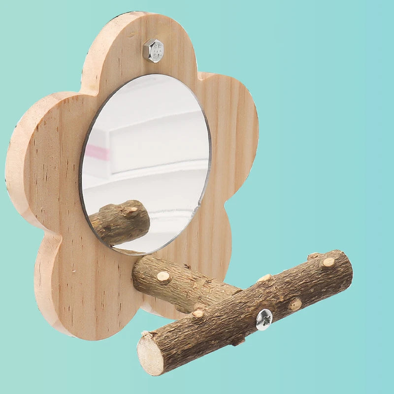 🌺 Joyful Beaks FloraPerch: Natural Blossom Wooden Bird Perch with Built-in Mirror 🪵