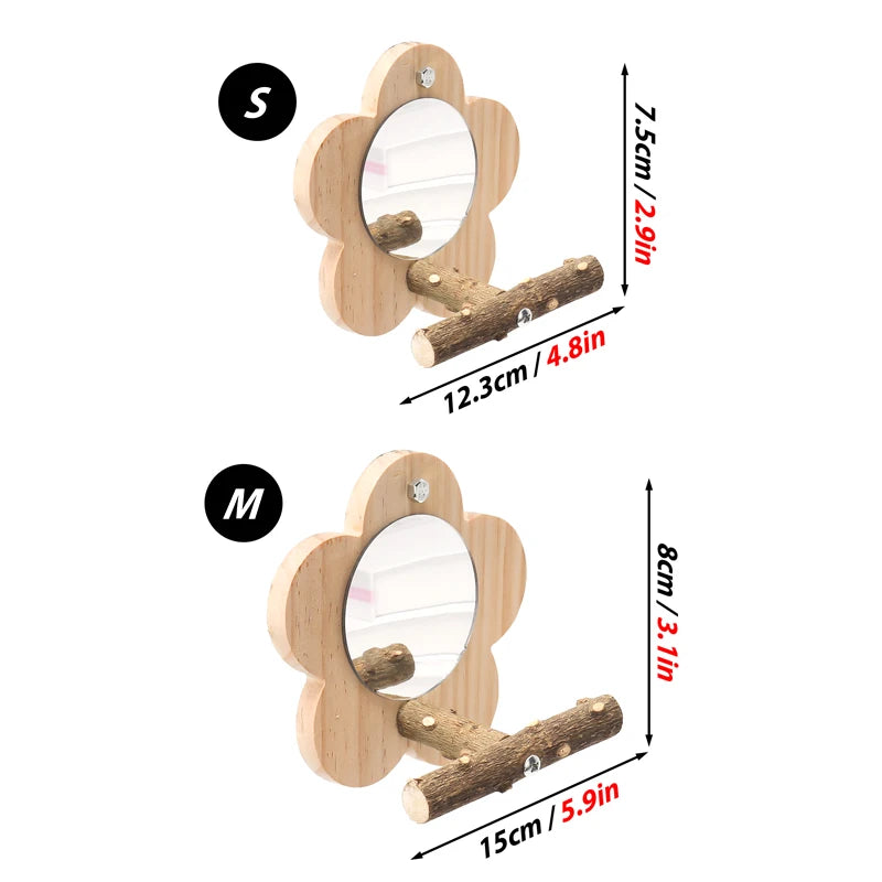 🌺 Joyful Beaks FloraPerch: Natural Blossom Wooden Bird Perch with Built-in Mirror 🪵