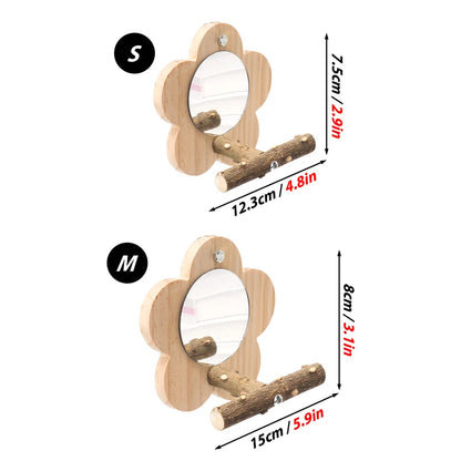 🌺 Joyful Beaks FloraPerch: Natural Blossom Wooden Bird Perch with Built-in Mirror 🪵