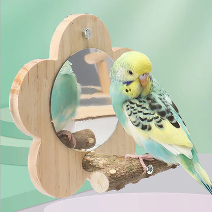 🌺 Joyful Beaks FloraPerch: Natural Blossom Wooden Bird Perch with Built-in Mirror 🪵