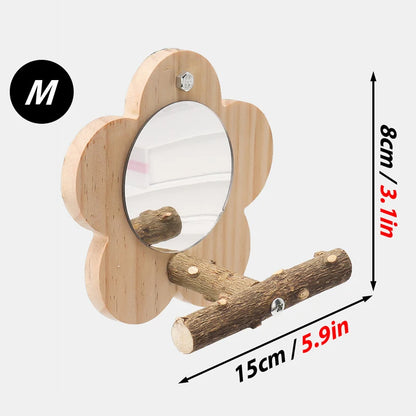 🌺 Joyful Beaks FloraPerch: Natural Blossom Wooden Bird Perch with Built-in Mirror 🪵