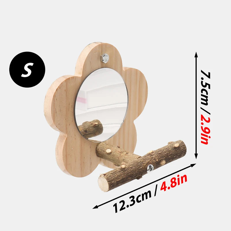 🌺 Joyful Beaks FloraPerch: Natural Blossom Wooden Bird Perch with Built-in Mirror 🪵